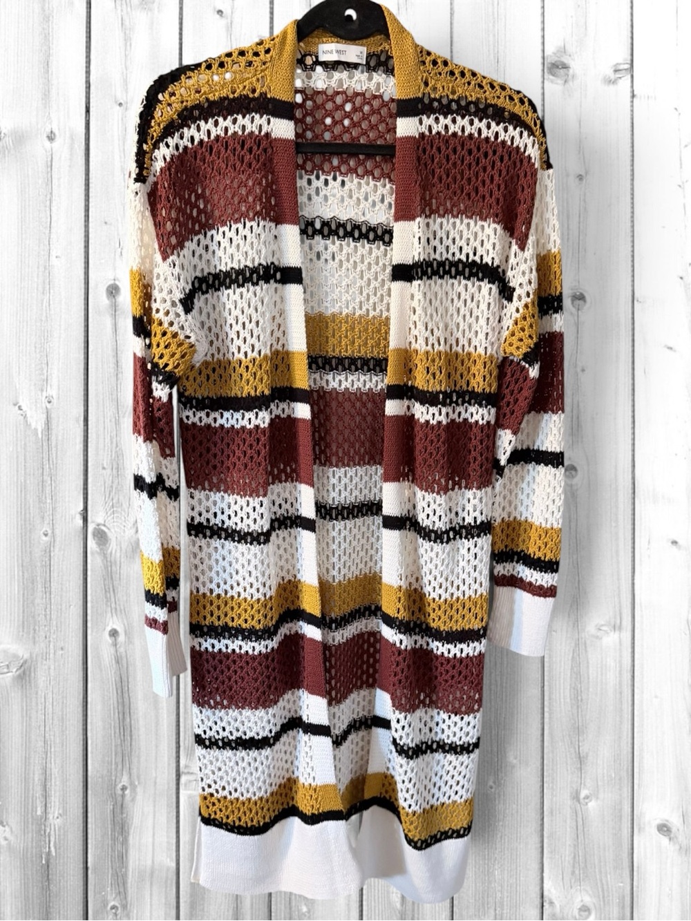 Nine West Open-Knit Striped Cardigan in White, Mustard & Rust